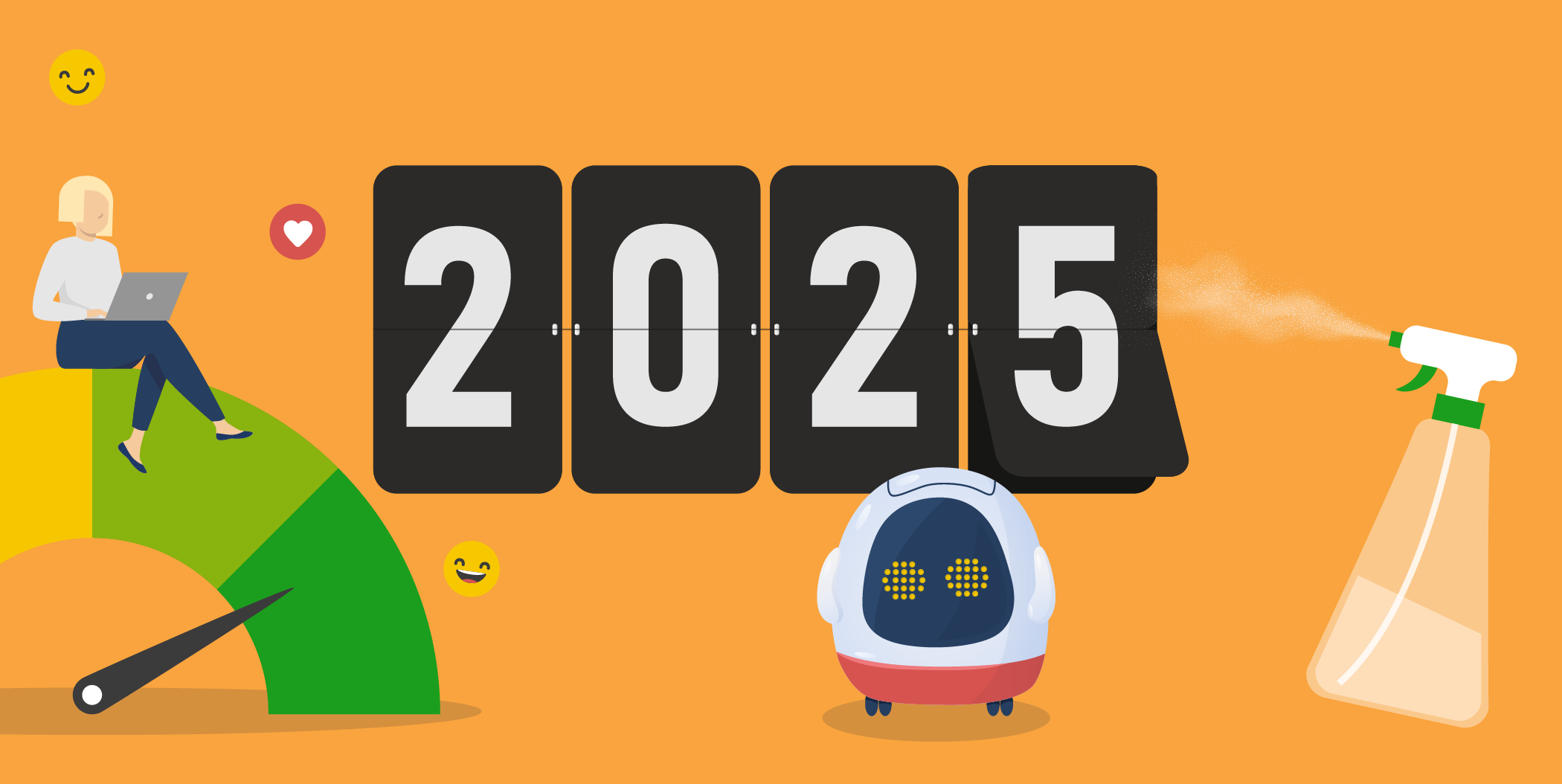 Illustration zu Trends 2025 mit Kalender, Roboter und Produktivitätssymbolen.