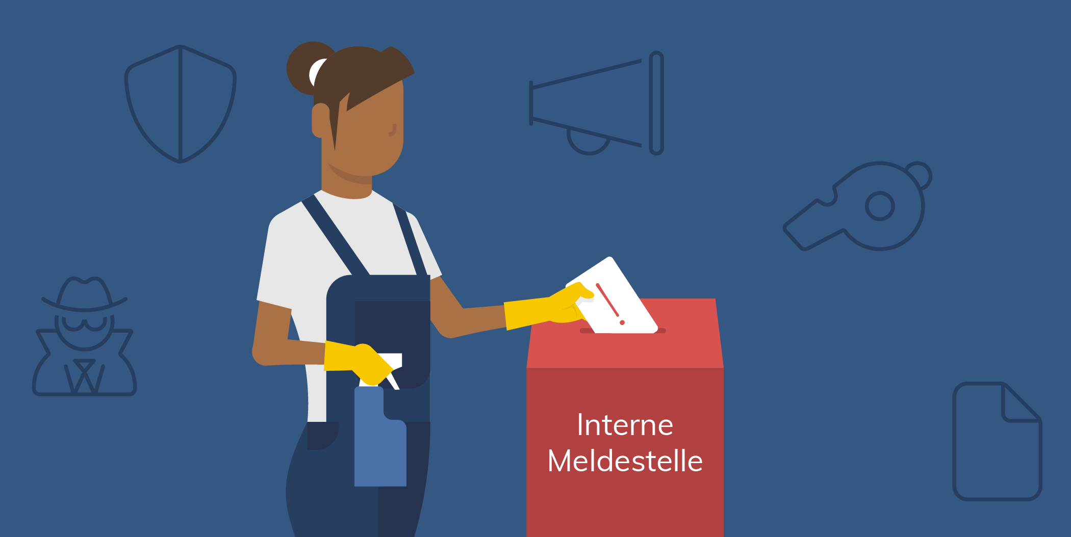Reinigungskraft wirft Hinweis in eine Box mit der Aufschrift "Interne Meldestelle" – Symbolbild für Whistleblowing.